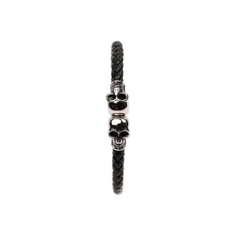 Silver Leather Skull Bracelet