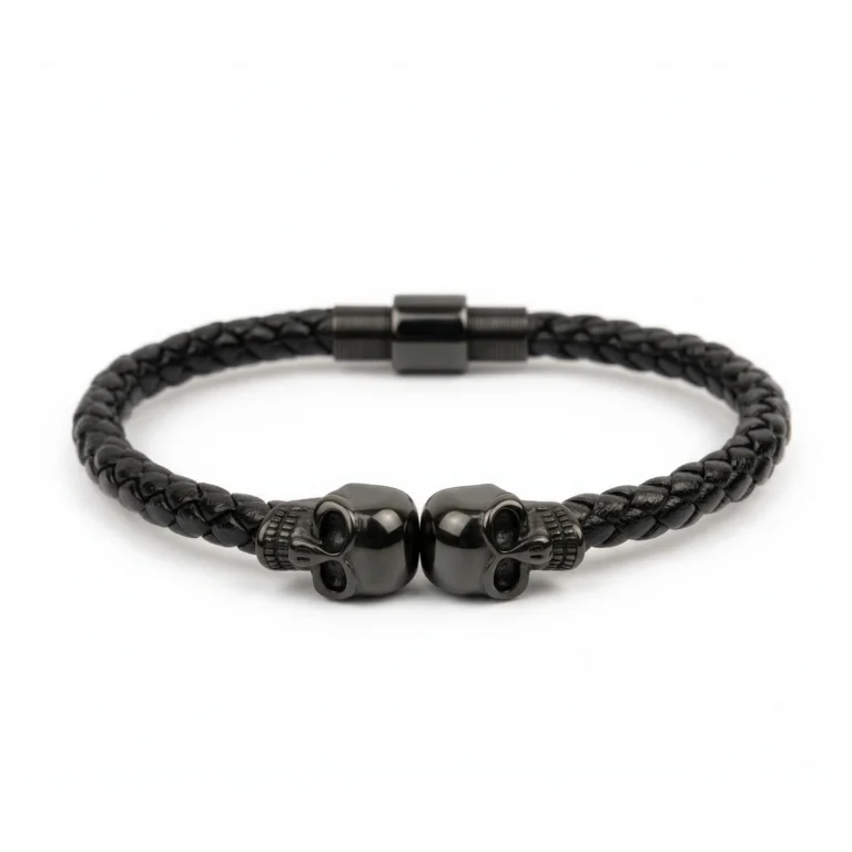black leather skull bracelet