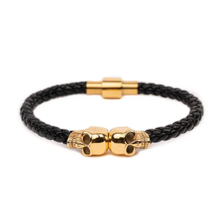 gold leather skull bracelet for men