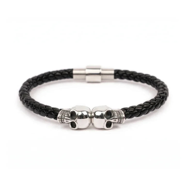 mens silver leather skull bracelet