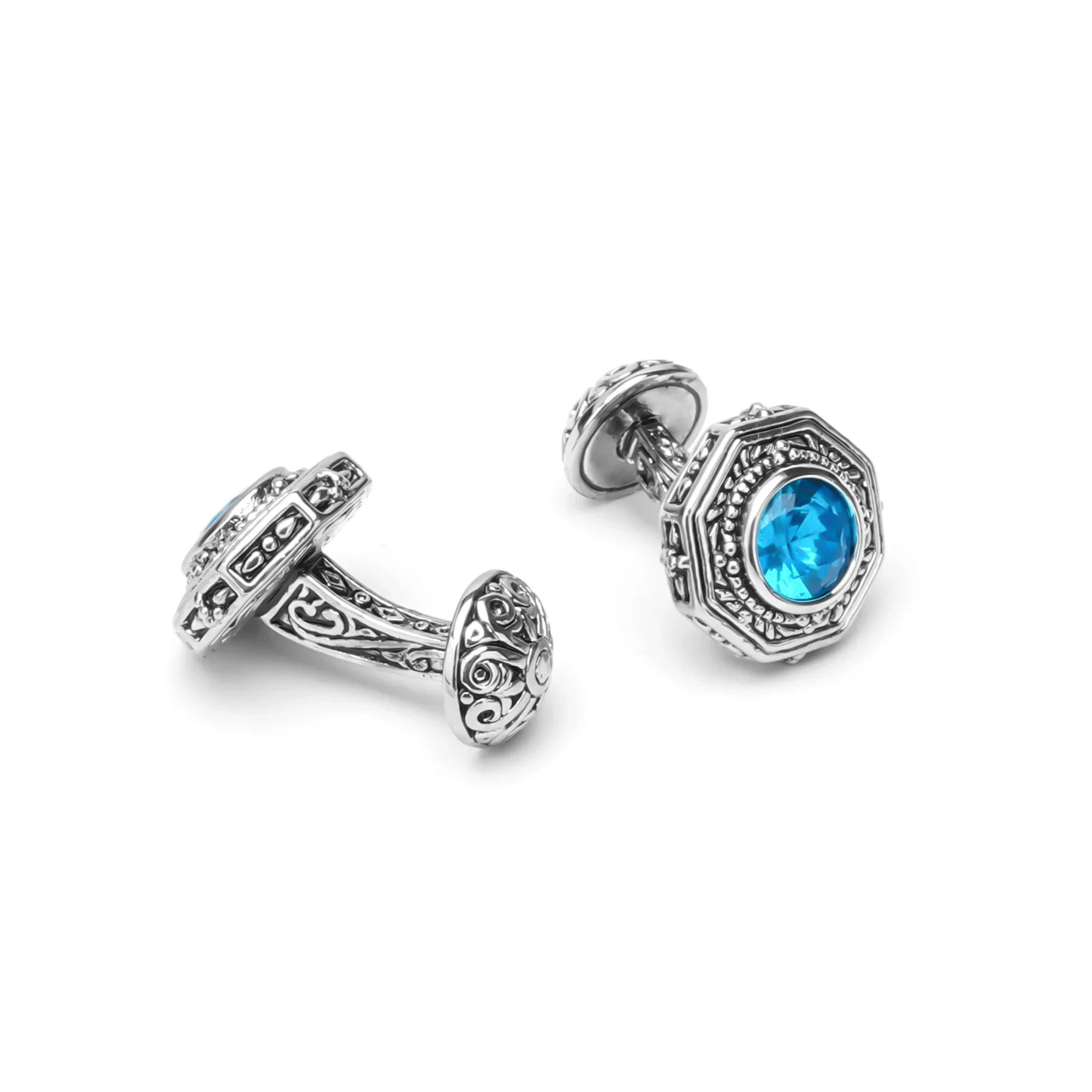 Octagon Shape Silver Blue Crystal Cufflinks