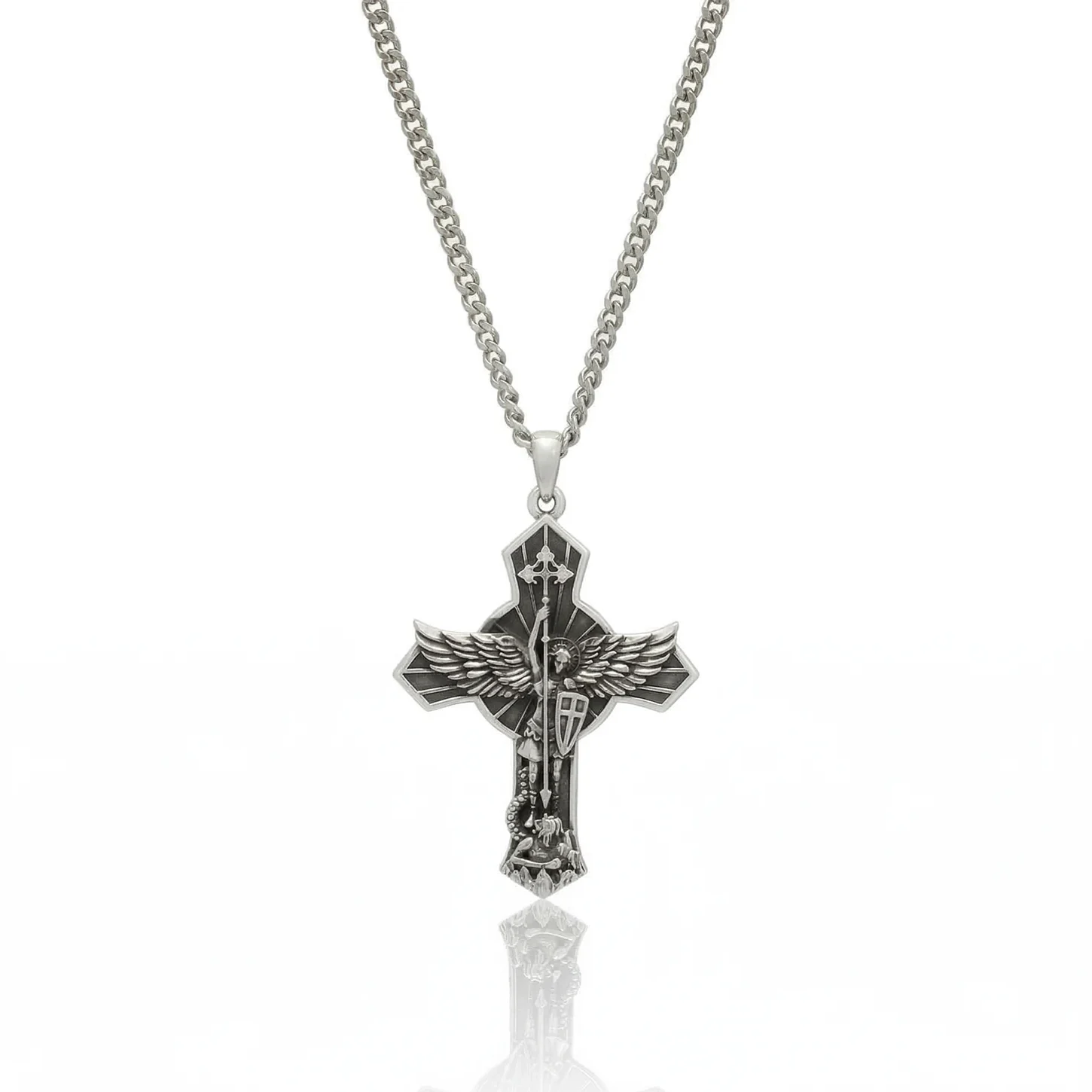 silver saint Michael cross pendant necklace