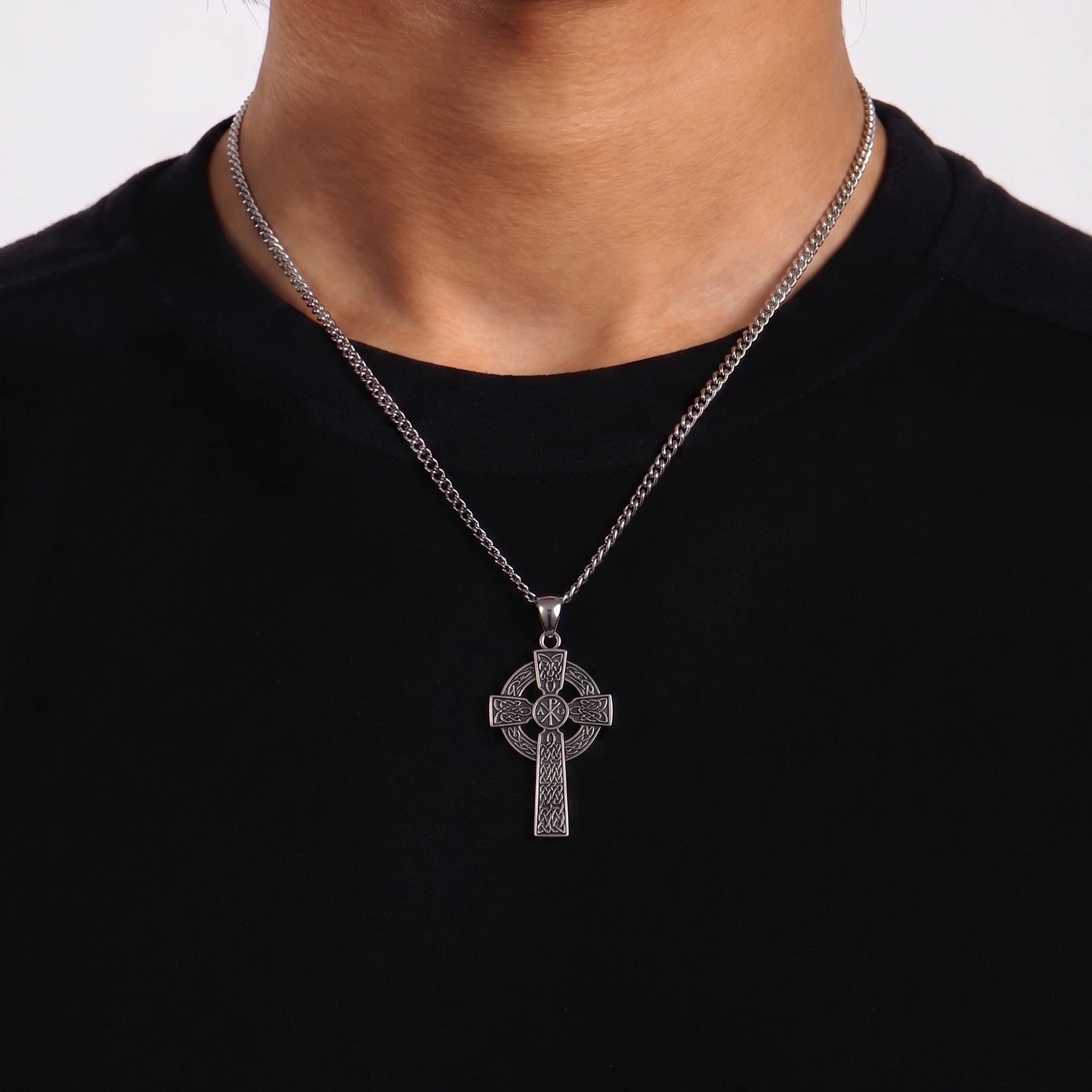 silver celtic cross pendant necklace for men