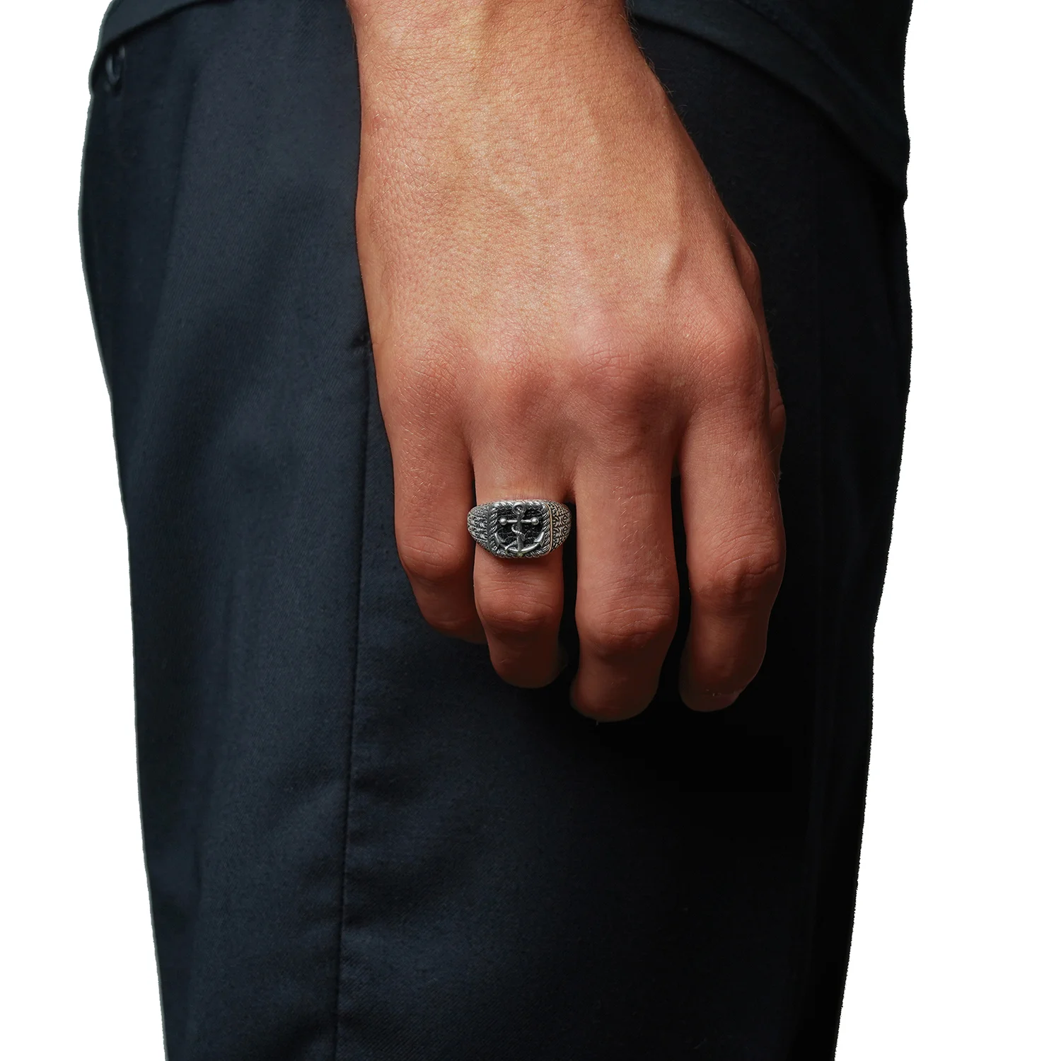 silver navy anchor ring for men