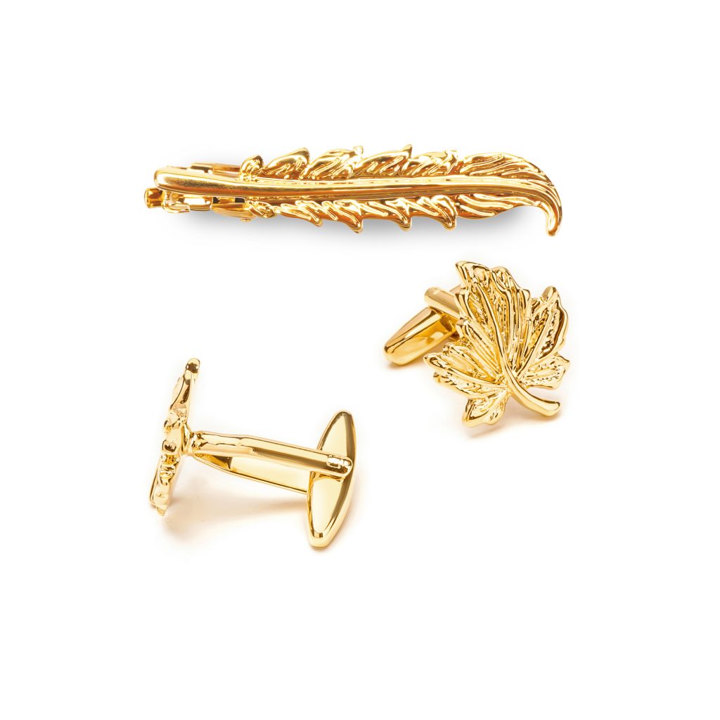 Gold leaf cufflink and tie clip sets
