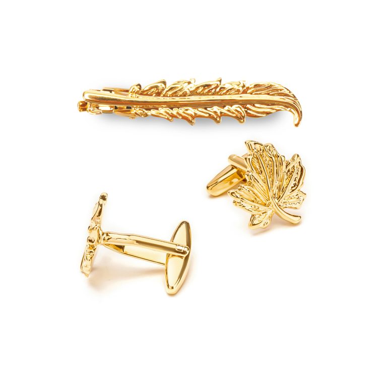 Gold leaf cufflinks and tie clip set