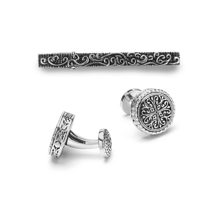 Silver vintage cufflinks and tie clip set