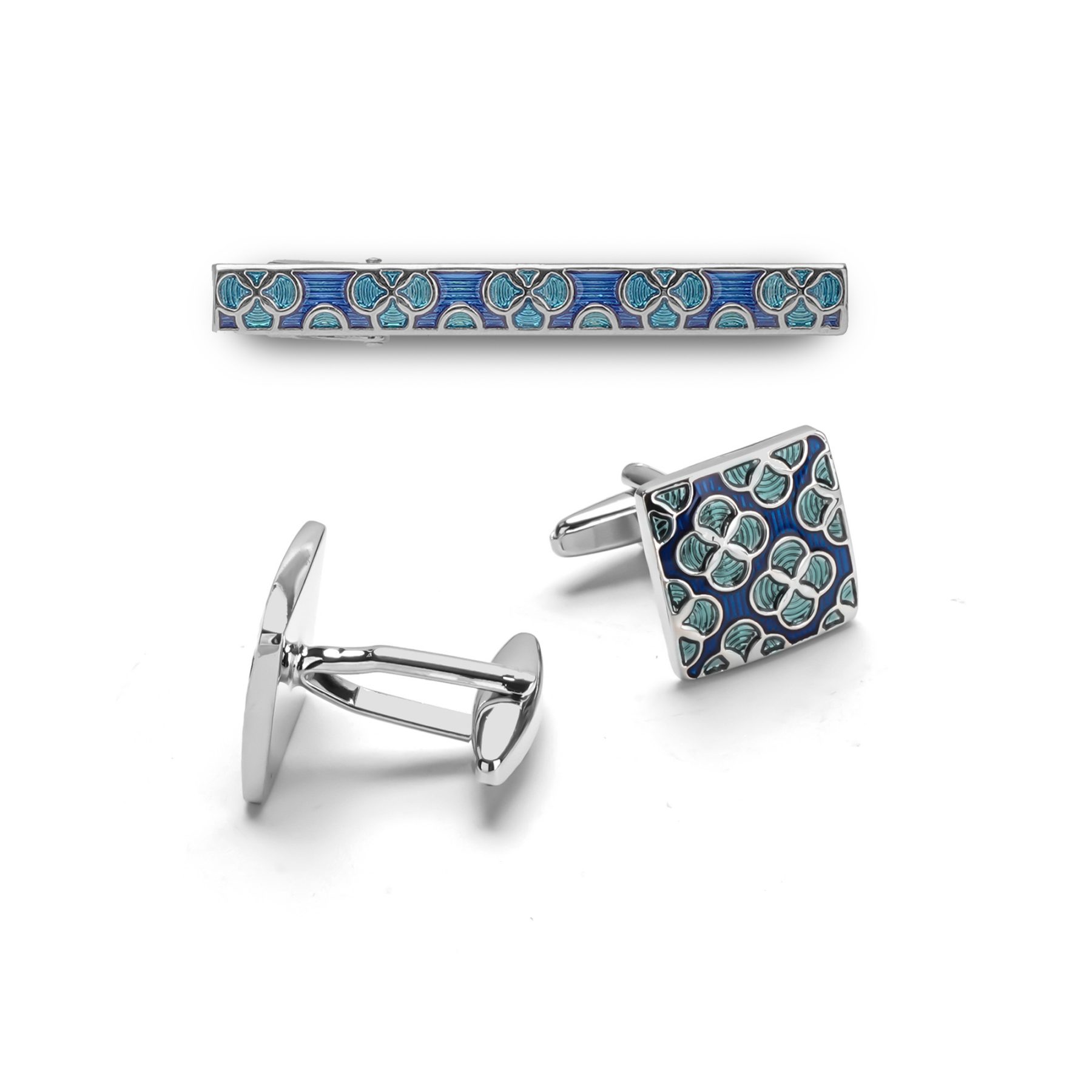 blue clover cufflinks and tie clip set