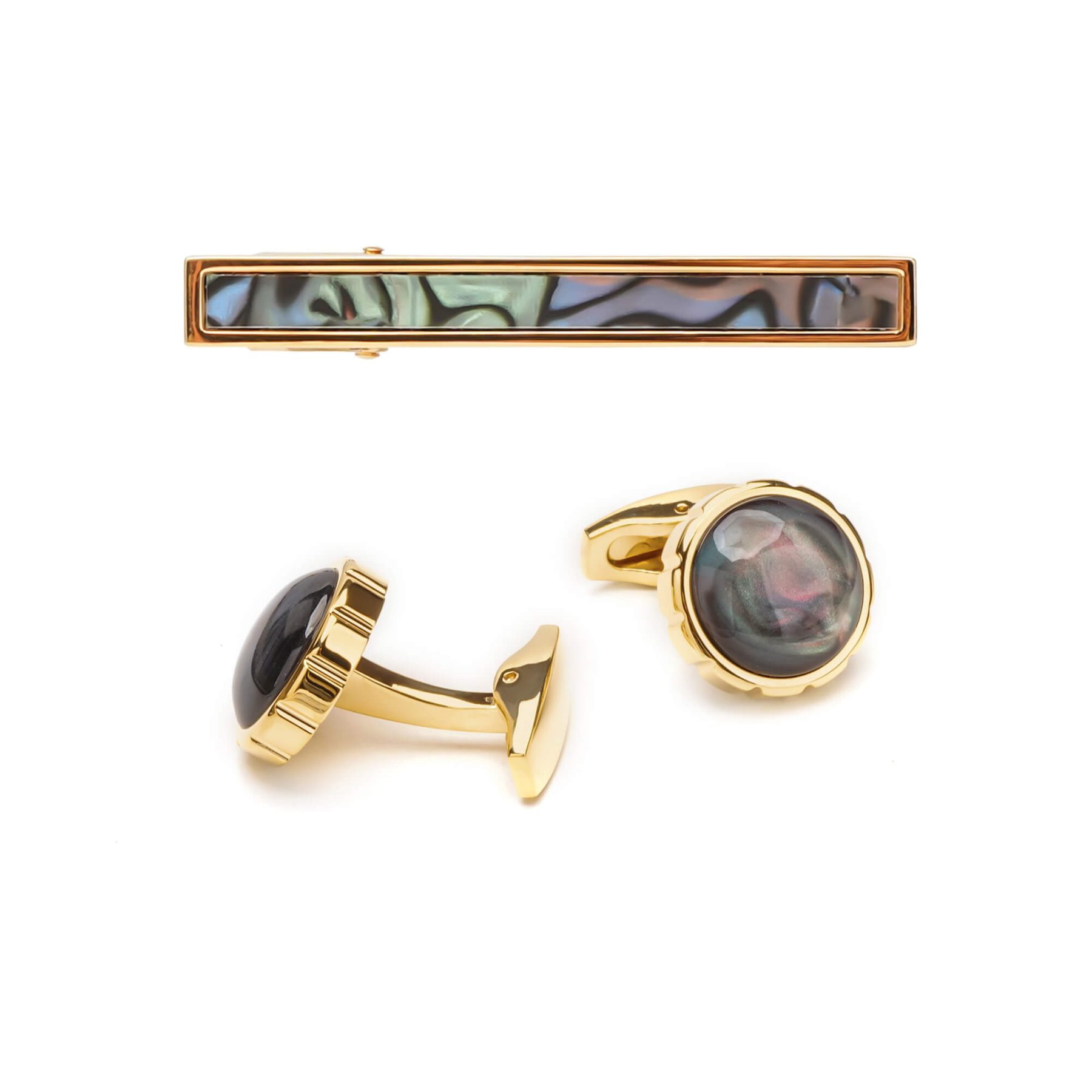 gold abalone cufflinks and tie clip set