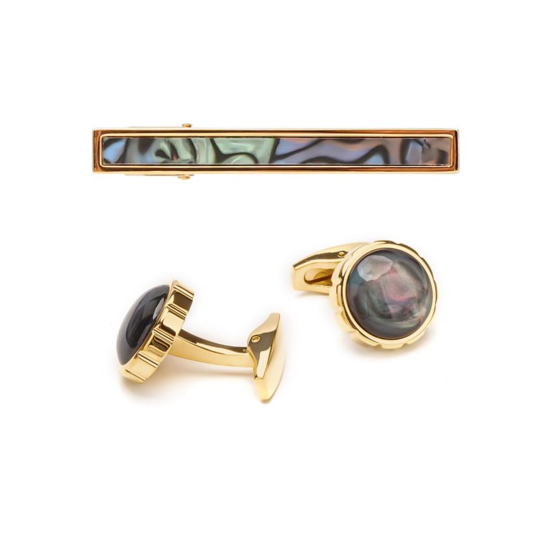 gold abalone cufflinks and tie clip set