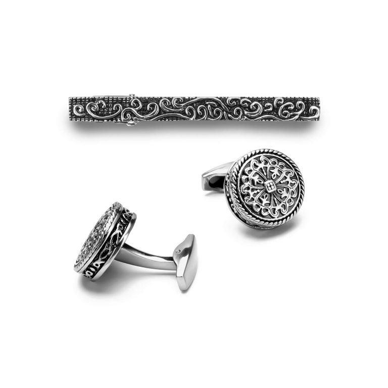 grand silver cufflinks and tie clip set