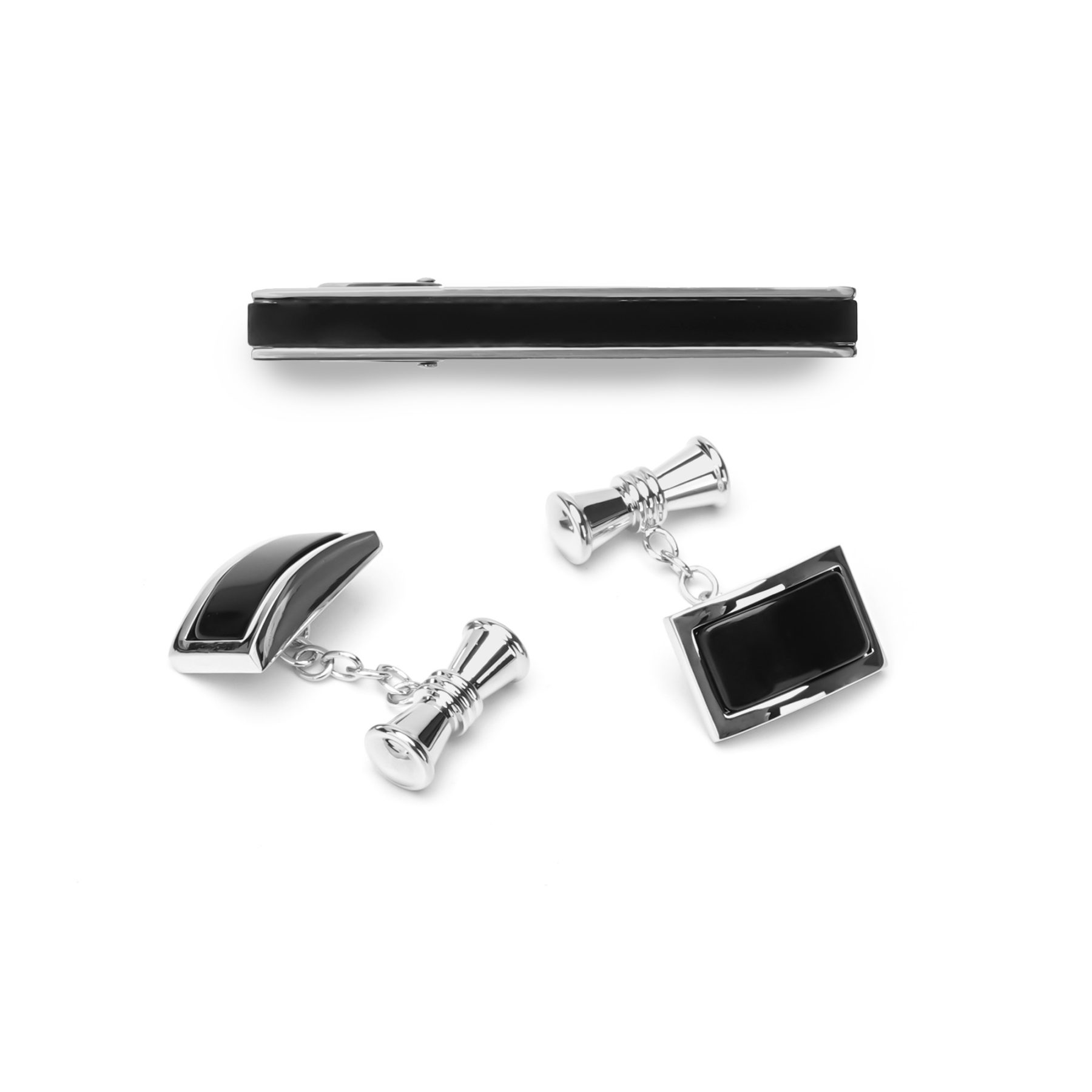 silver black cufflinks and tie clip set