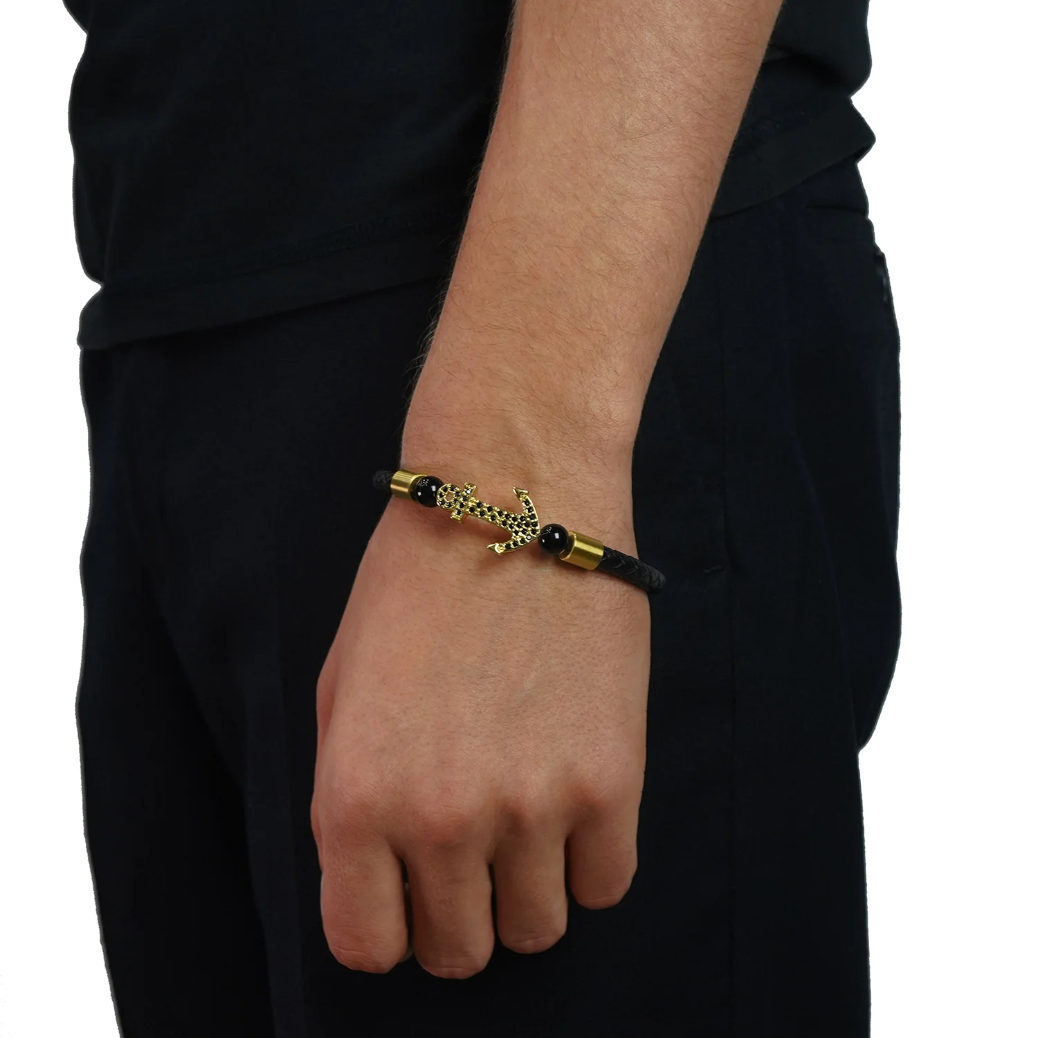 gold anchor leather bracelet for men