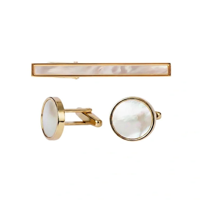 gold mother of pearl cufflinks and tie clip set