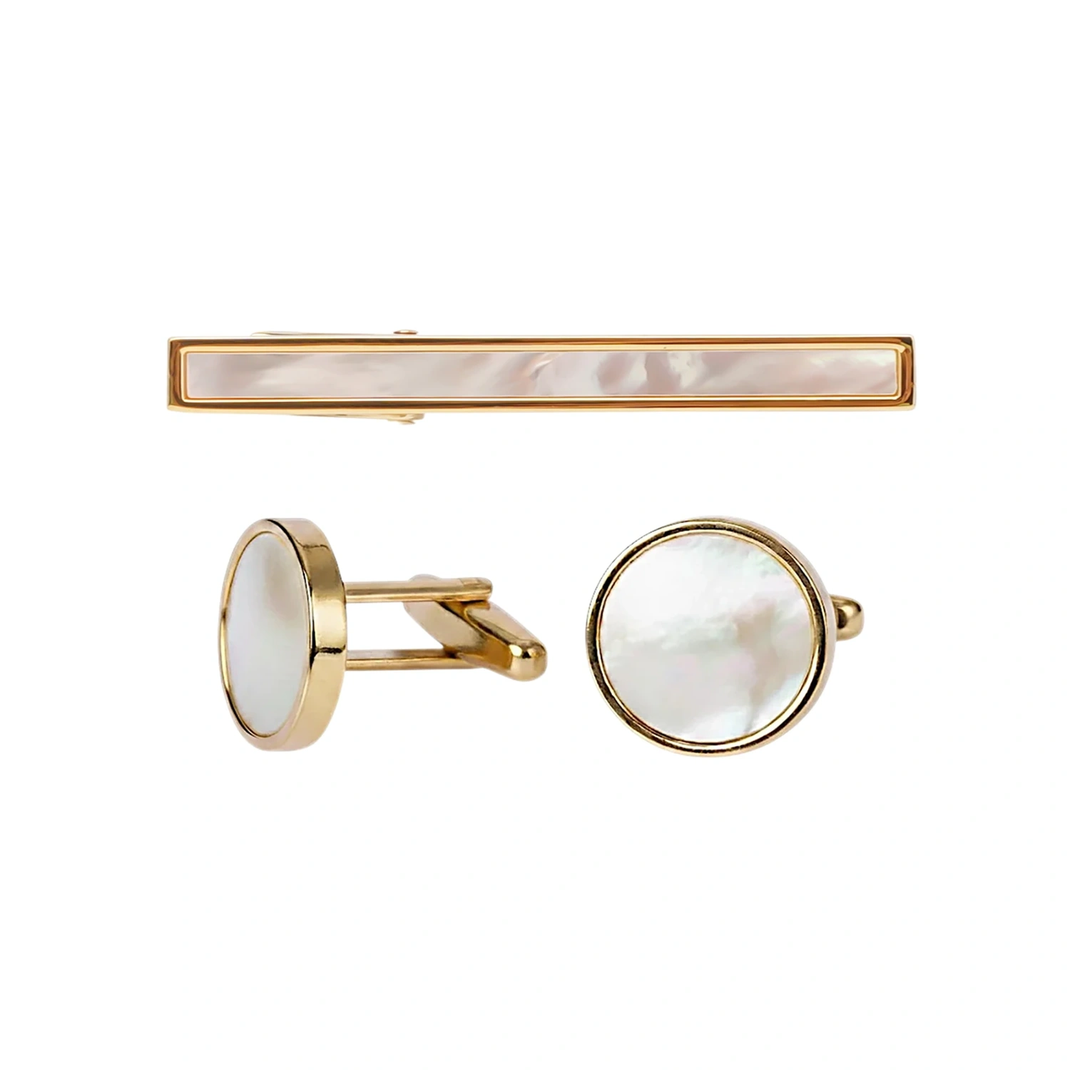 gold mother of pearl cufflinks and tie clip set