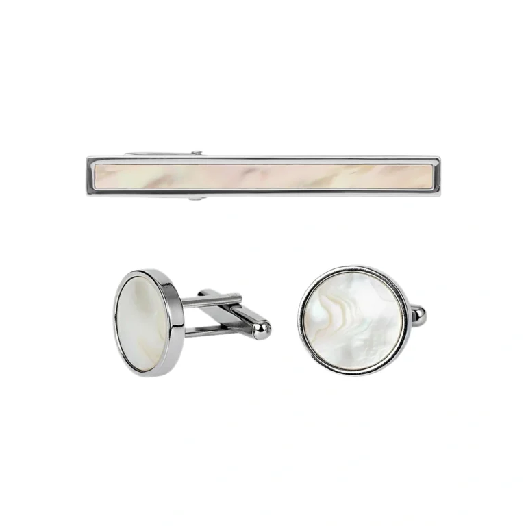 silver mother of pearl cufflinks and tie clip set