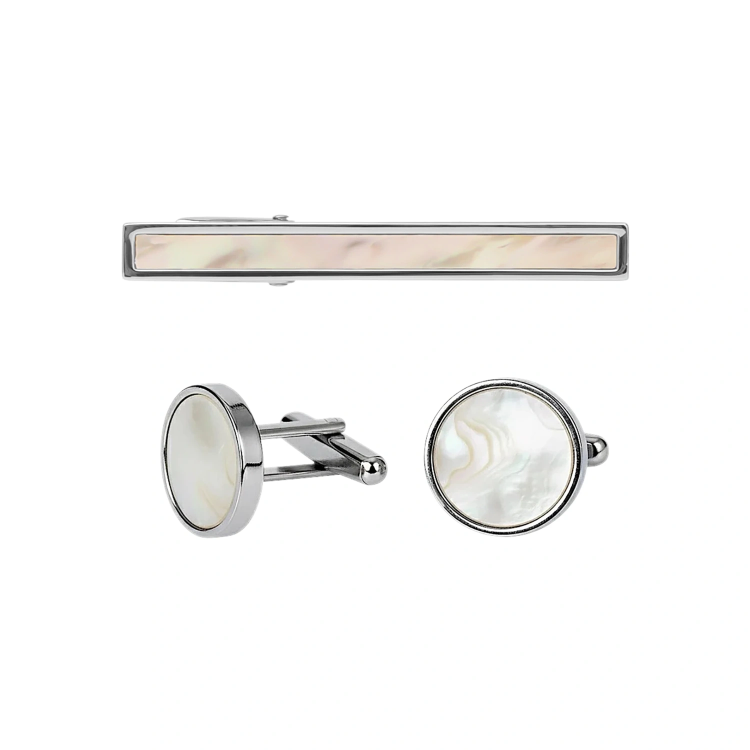 silver mother of pearl cufflinks and tie clip set
