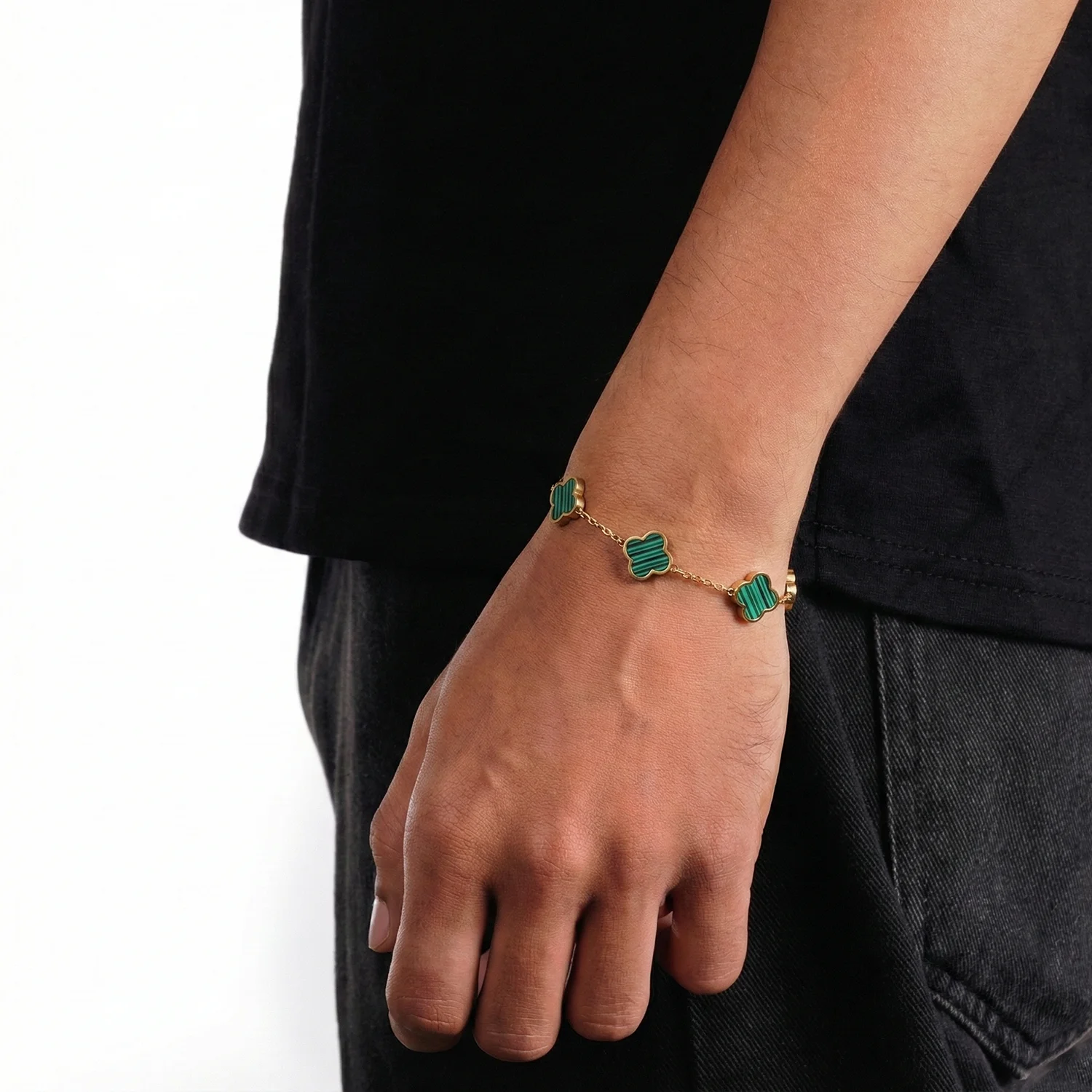 gold malachite clover bracelet for men