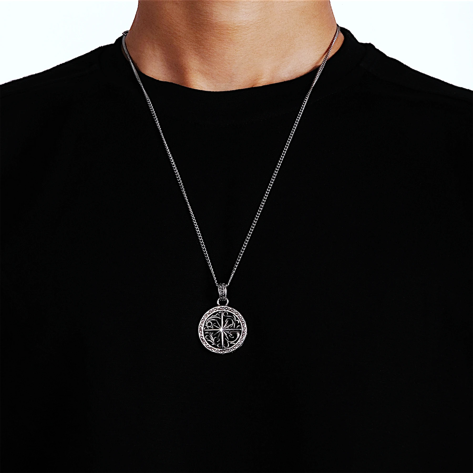 silver compass pendant for men