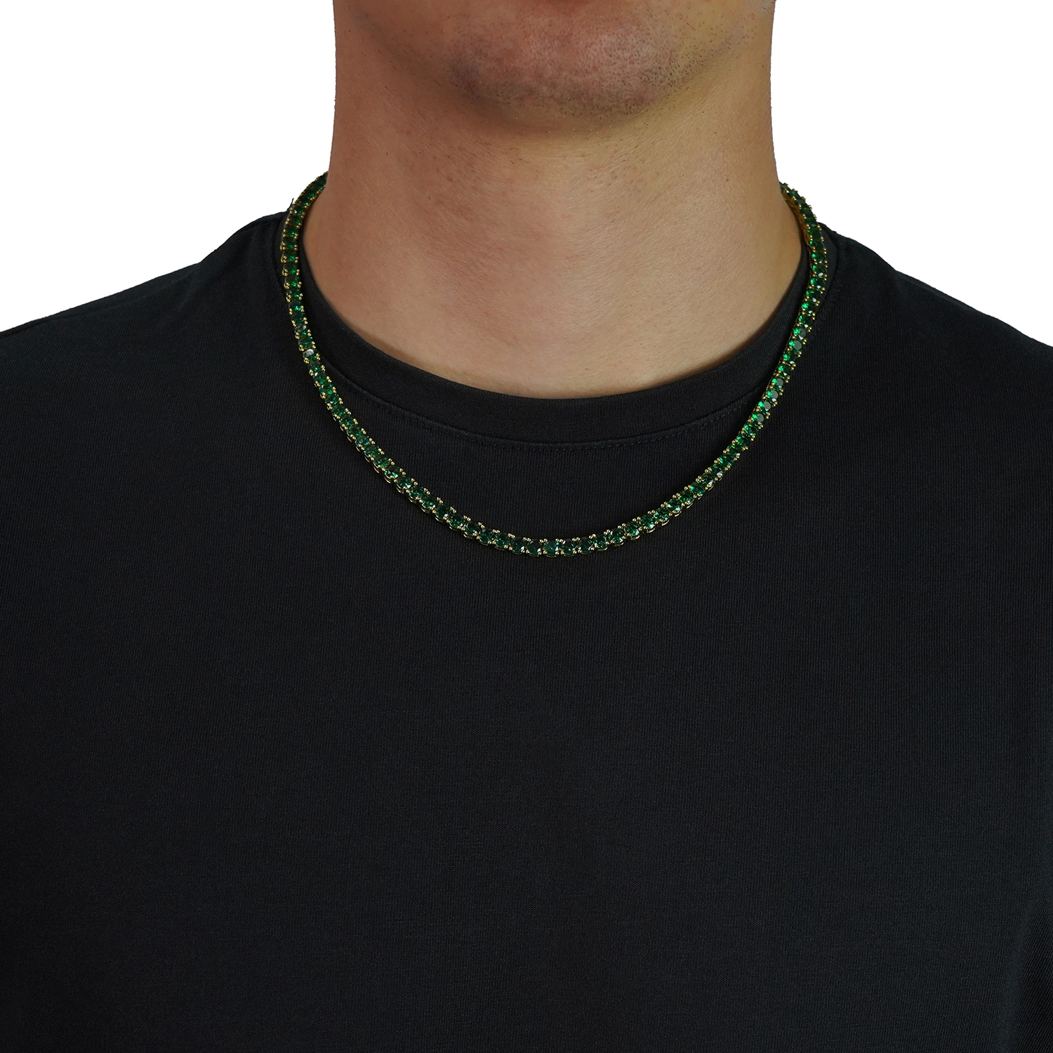 mens green stone tennis chain gold