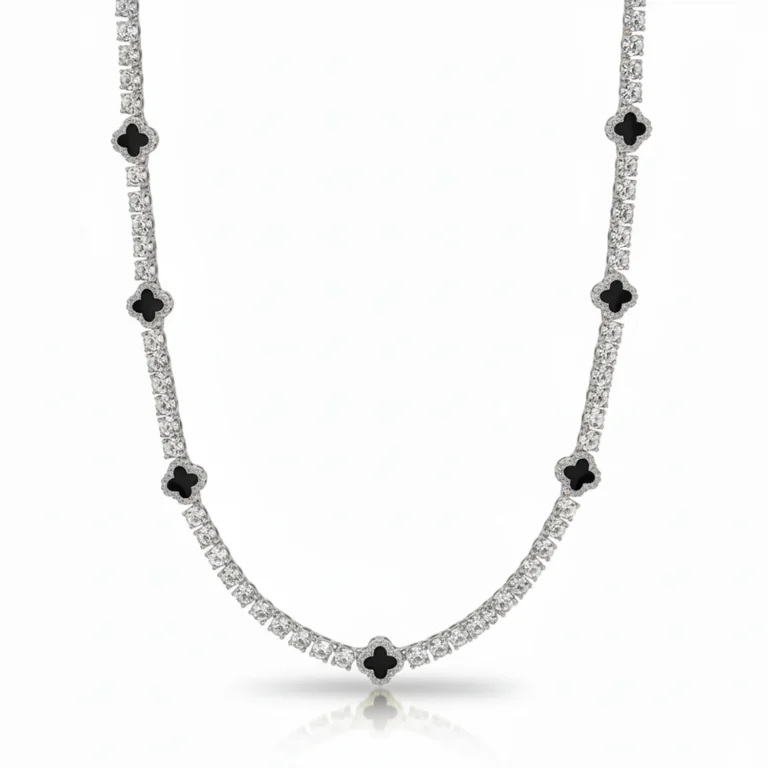 silver onyx clover tennis necklace
