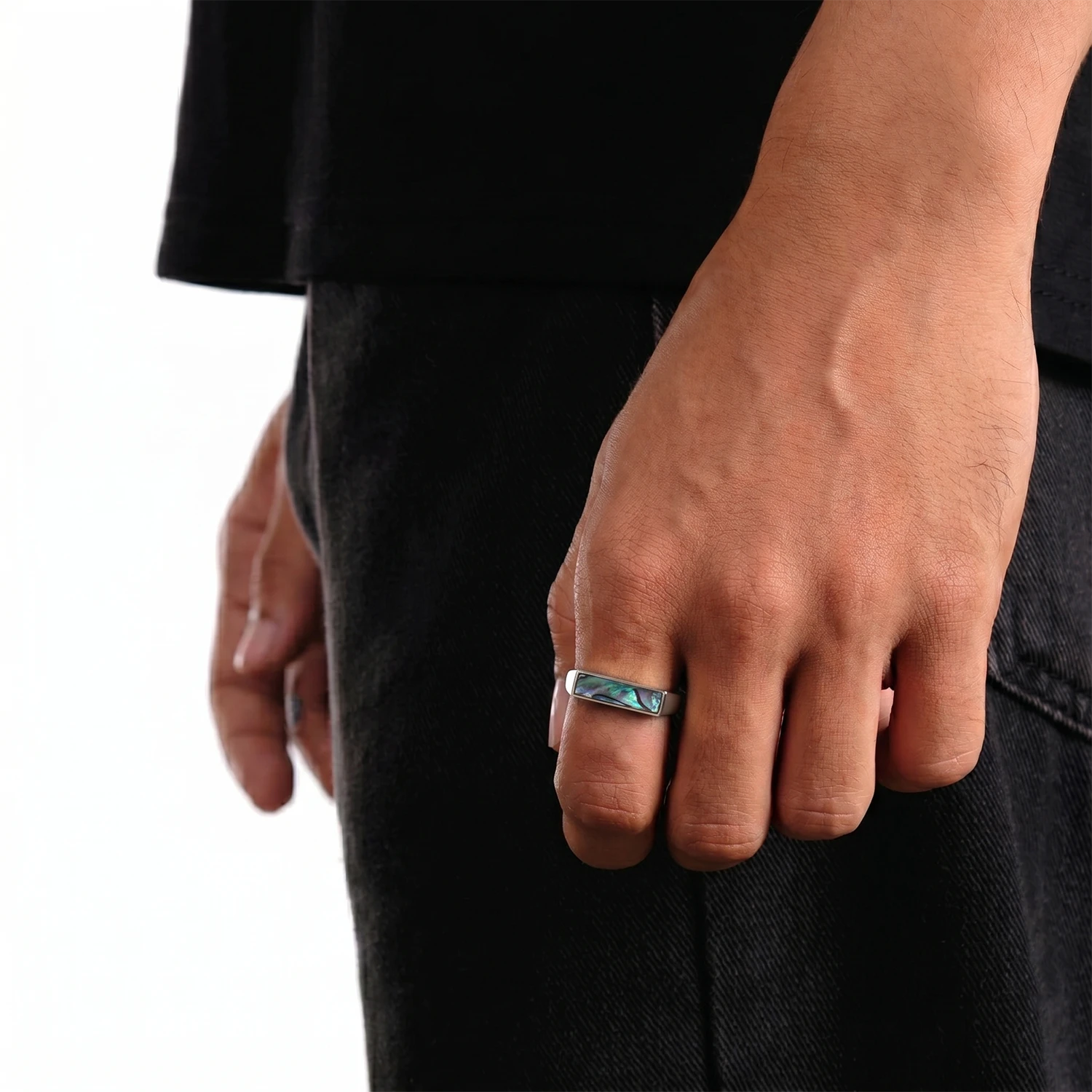 silver abalone shell ring for men