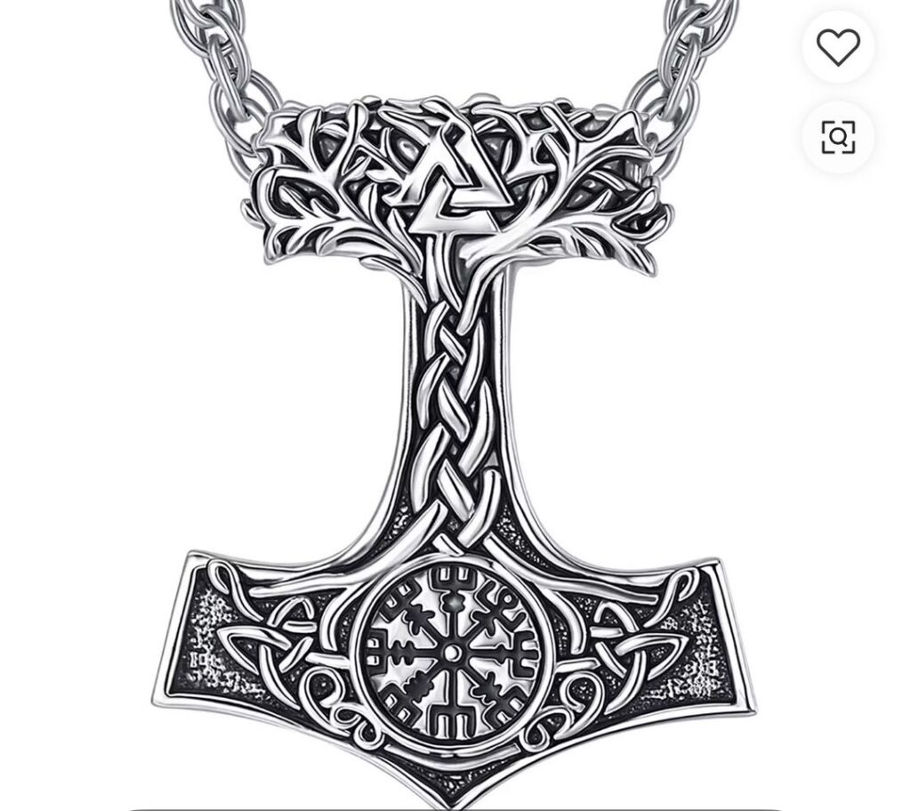 silver Mjölnir pendant necklace for men with viking symbols
