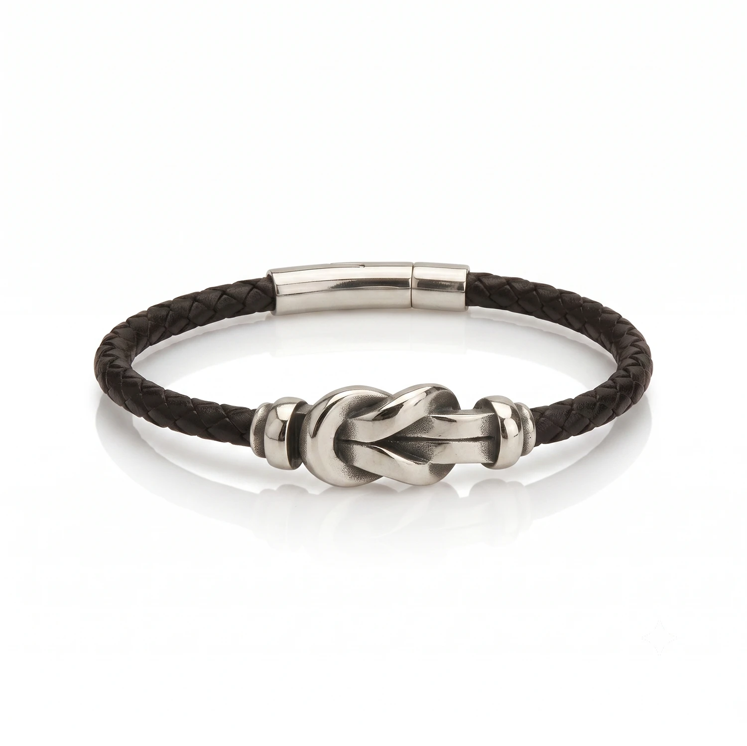 silver reef knot leather bracelet