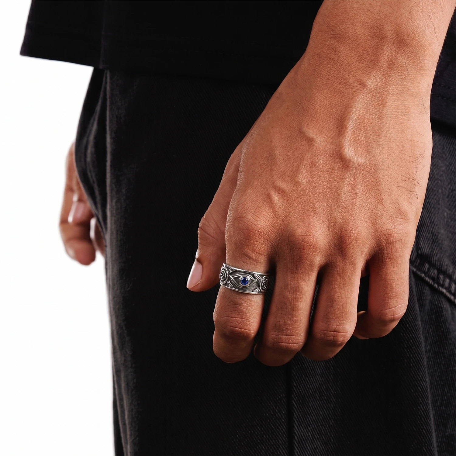 silver rose and evil eye ring for men